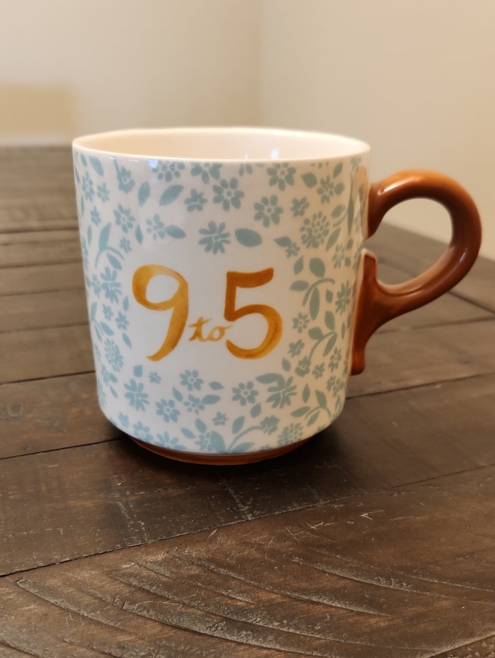 9 to 5 Ceramic Floral Mug in Light Blue and Brown Handle